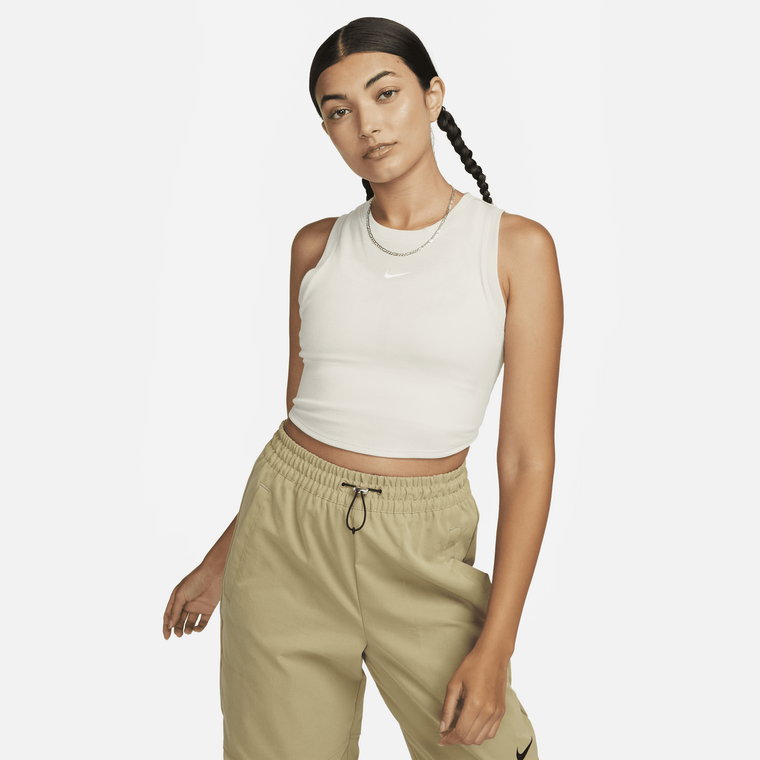 Damska przylegająca koszulka bez rękawów w drobny prążek o skróconym kroju Nike Sportswear Chill Knit - Brązowy