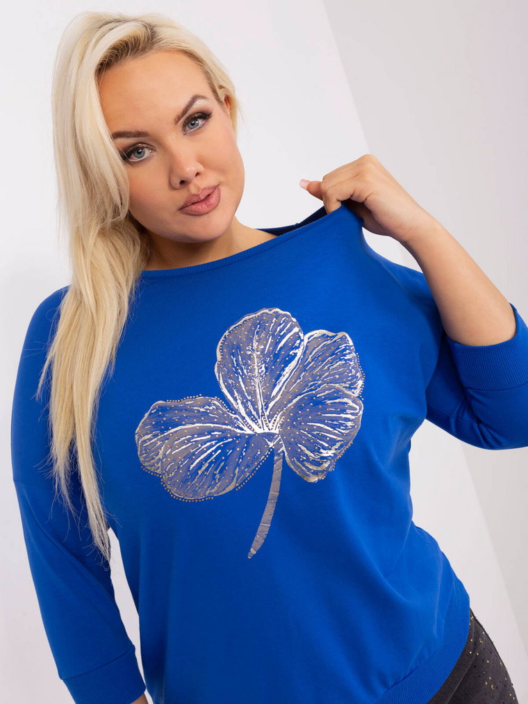 Bluzka plus size kobaltowy casual codzienna dekolt okrągły rękaw 3/4 dżety