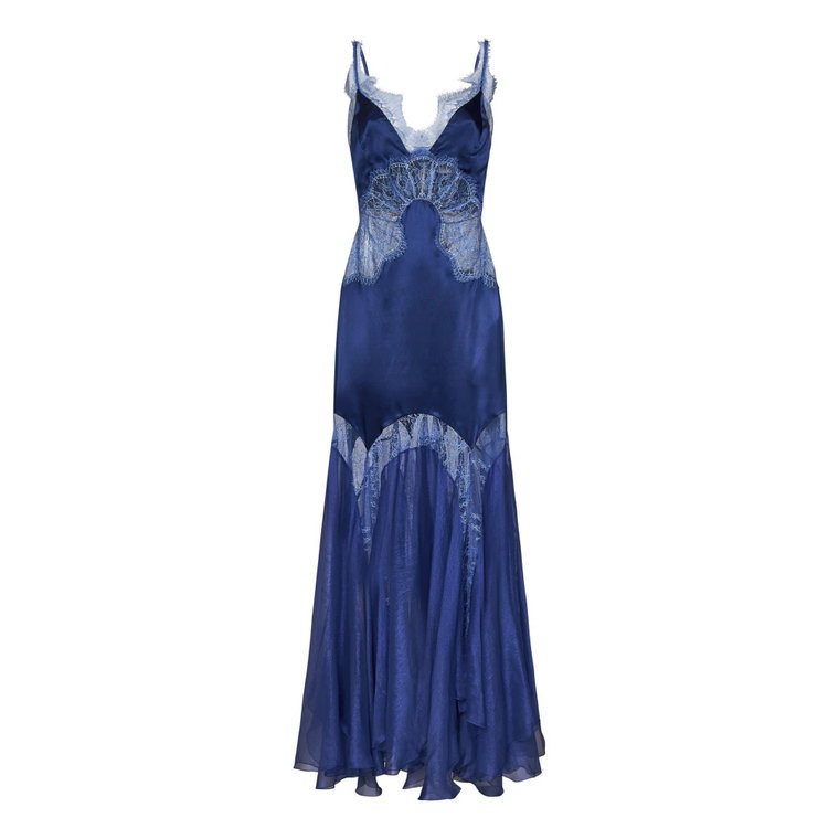 Niebieska Jedwabna Sukienka Maxi z Koronką Maria Lucia Hohan