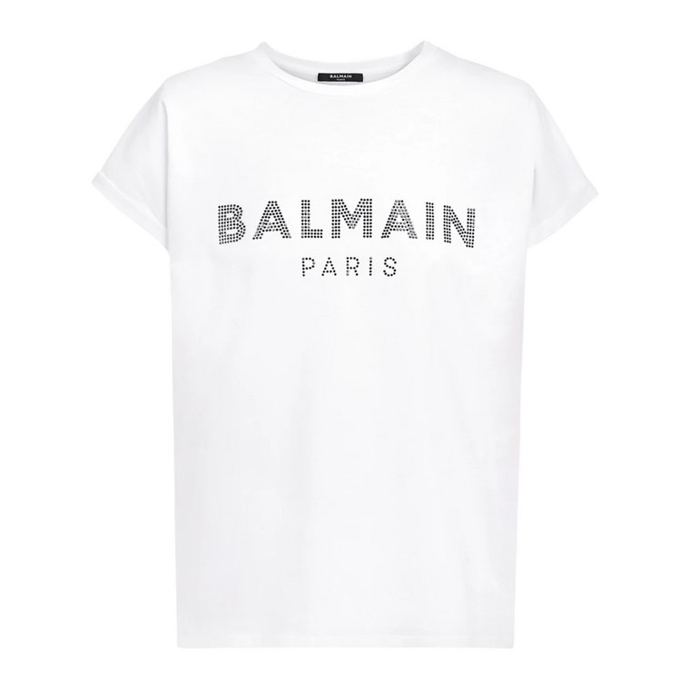 Ekologiczna koszulka z bawełny z logo ze szlifowanymi kamieniami Balmain