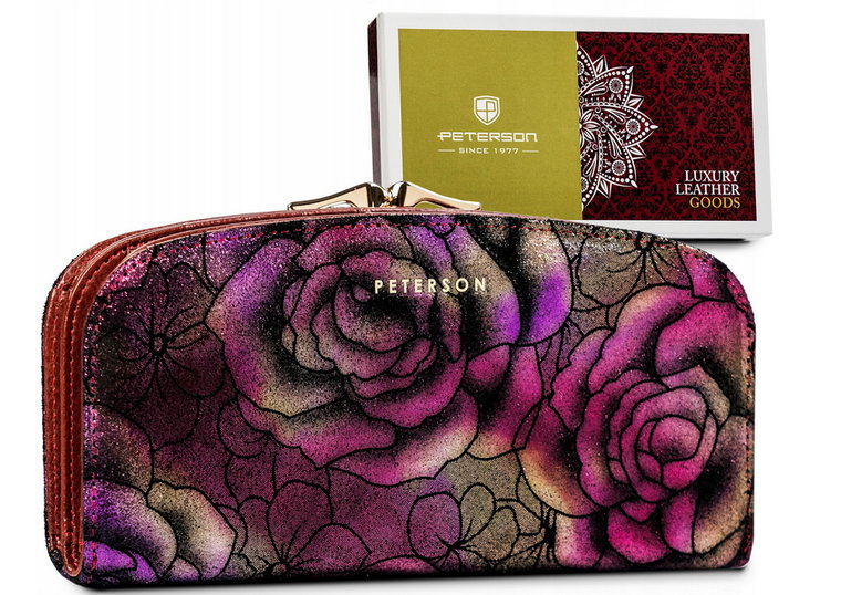 Duży, pojemny portfel ze skóry naturalnej z kwiatowym wzorem  Peterson