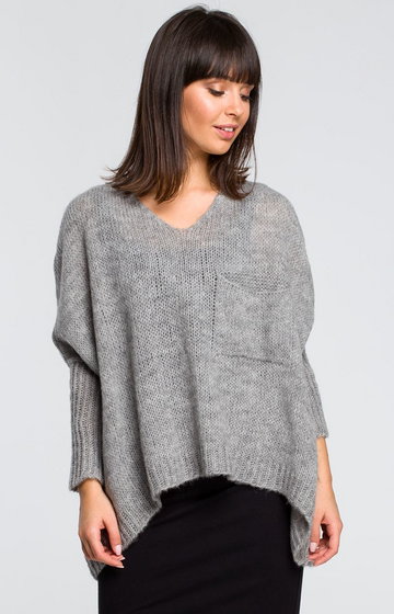Sweter z kieszenią BK018, Kolor szary, Rozmiar one size, BE Knit