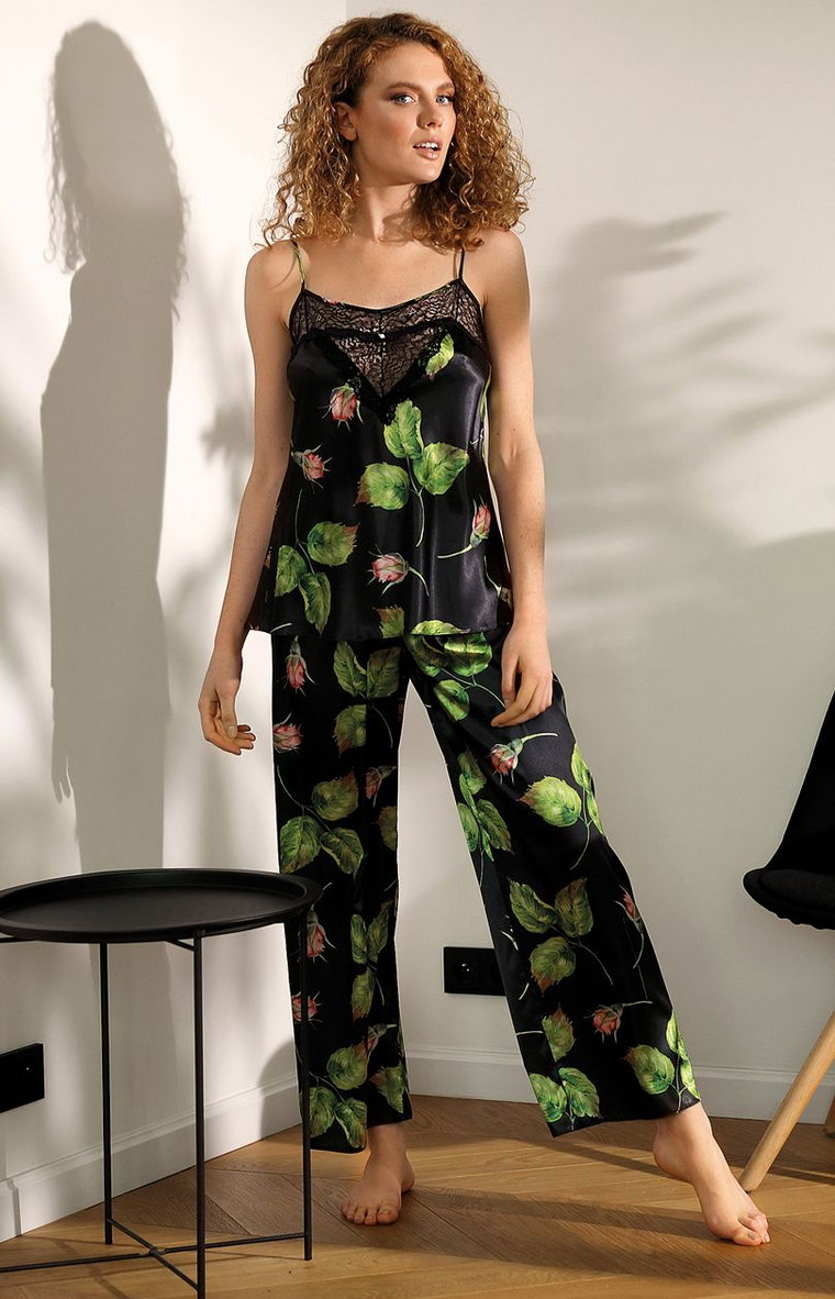 Flowers piżama satynowa KC 008, Kolor czarno-zielony, Rozmiar XS, DKaren