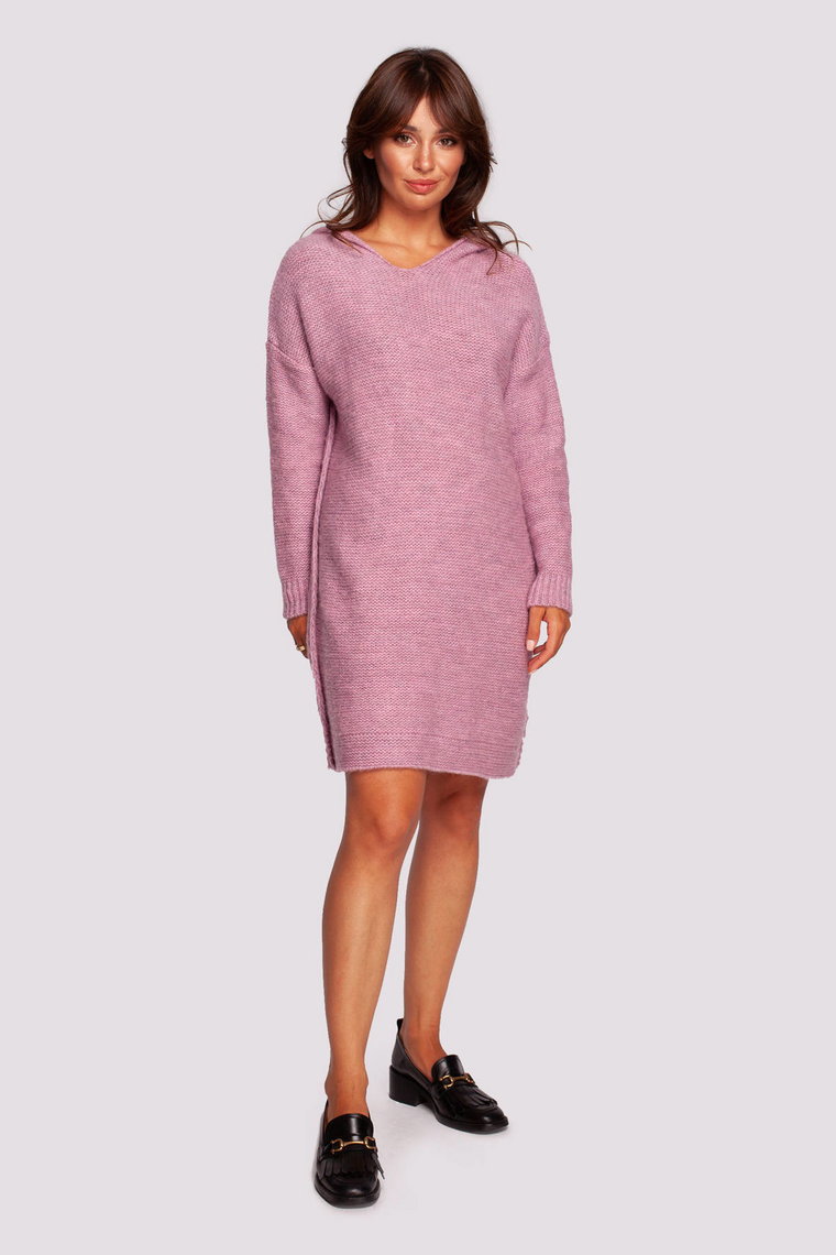 Sweter sukienka z kapturem - pudrowy