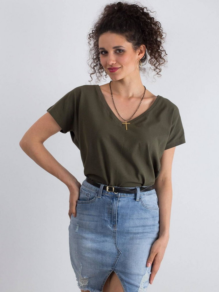 T-shirt jednokolorowy khaki casual dekolt w kształcie V rękaw krótki