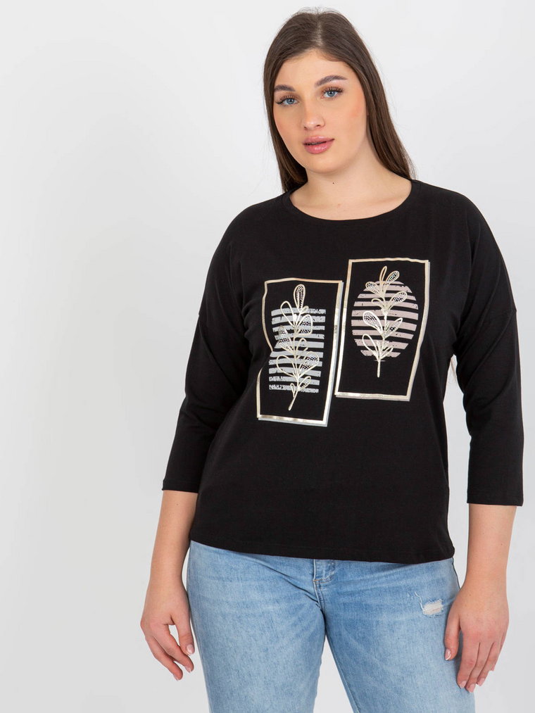 Bluzka plus size czarny casual codzienna dekolt okrągły rękaw 3/4 dżety