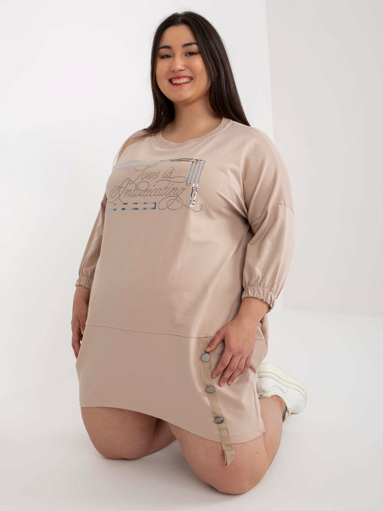 Tunika plus size beżowy sukienka dresowa codzienna długość midi dżety kieszenie