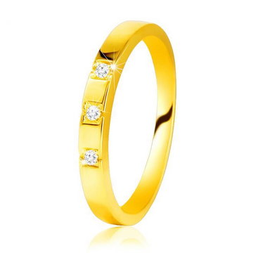 Diamentowy pierścionek z żółtego 585 złota - lśniące ramiona, trzy błyszczące brylanty - Rozmiar : 58