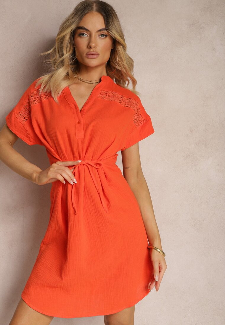 Pomarańczowa Sukienka na Lato z Bawełny ze Sznureczkiem w Talii Rufalia