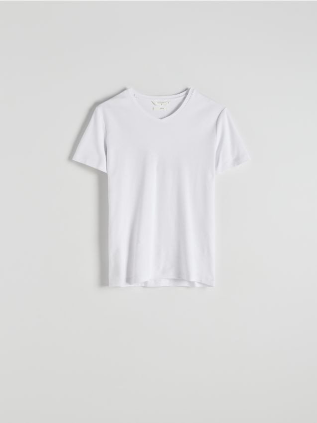 Reserved - T-shirt slim z dekoltem V - biały