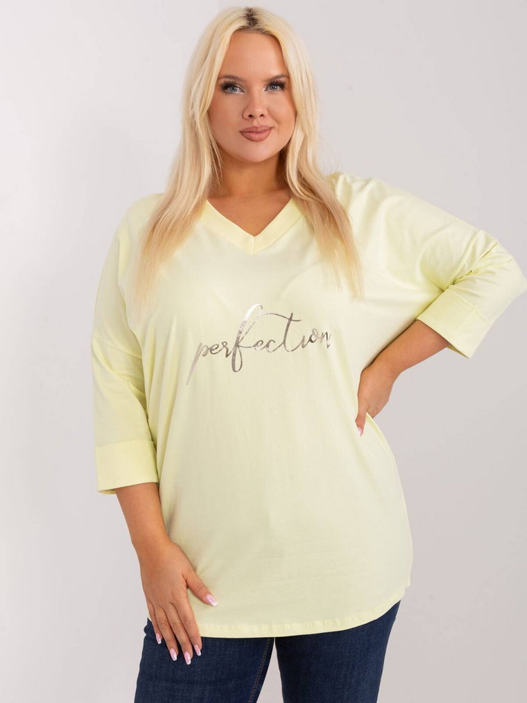 Bluzka plus size jasny żółty casual codzienna dekolt w kształcie V rękaw 3/4 długość długa