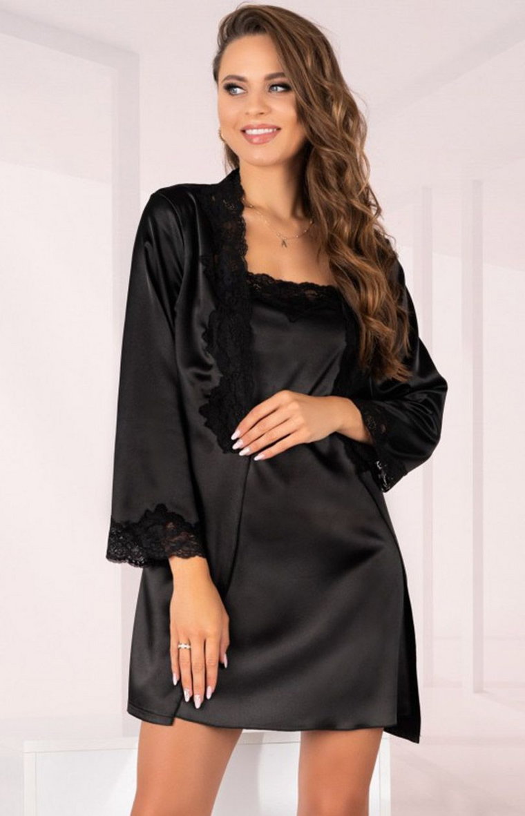 Komplet 3-częściowy szlafrok koszulka stringi Jacqueline Black LC 90249, Kolor czarny, Rozmiar S/M, LivCo Corsetti Fashion