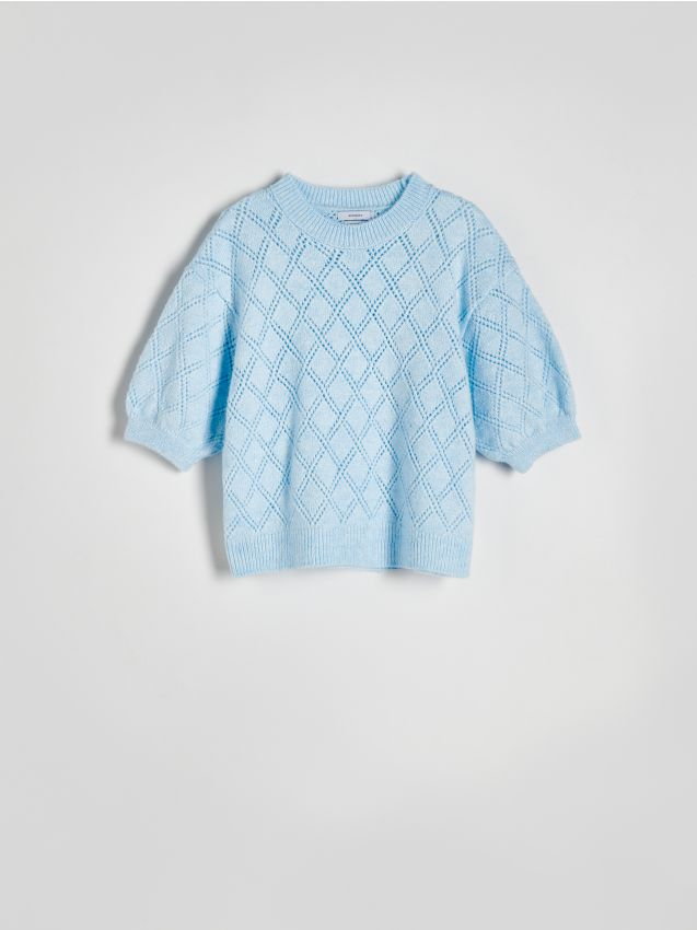 Reserved - Sweter w ażurowy wzór - jasnoniebieski