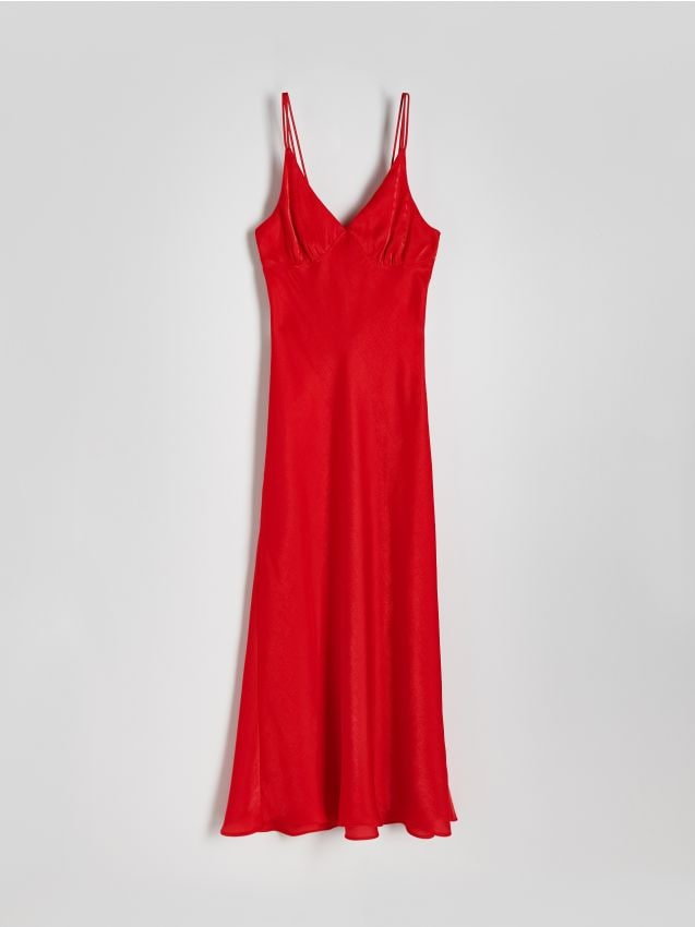 Reserved - Satynowa sukienka maxi z wiskozy - czerwony
