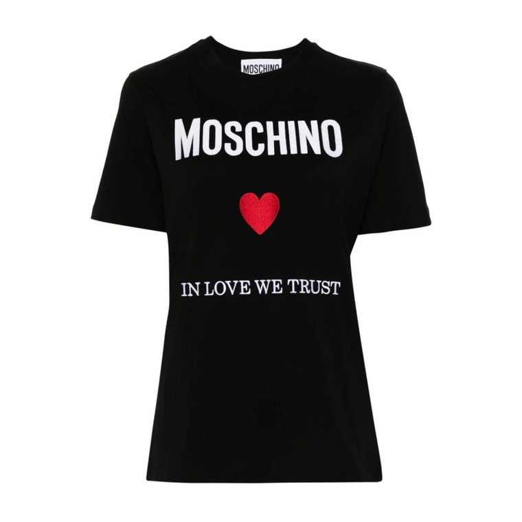 Czarne T-shirty z dekoltem Crewneck i haftem z logo Moschino