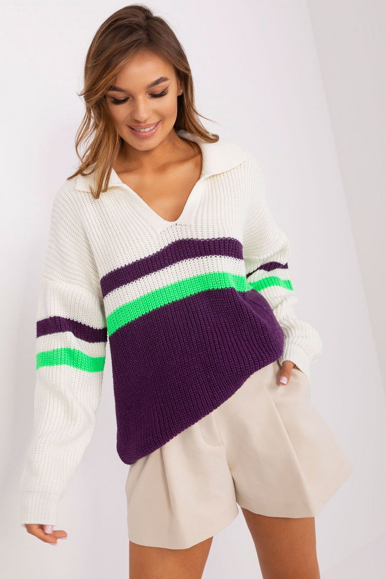 Ecru-ciemnofioletowy sweter oversize z wełną