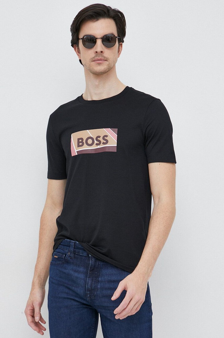 BOSS t-shirt bawełniany kolor czarny z nadrukiem