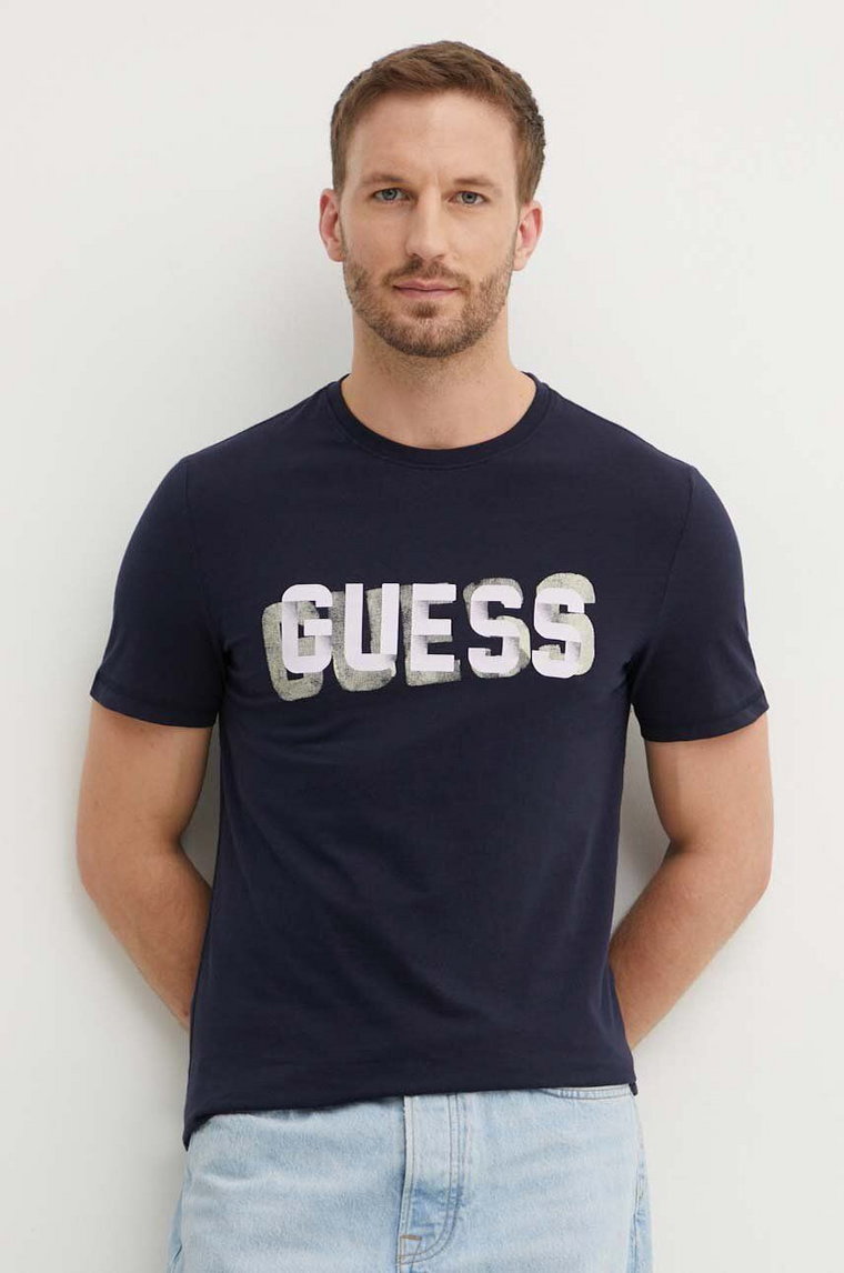 Guess t-shirt bawełniany męski kolor granatowy z nadrukiem M4YI15 I3Z14