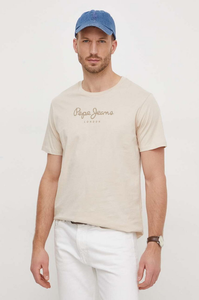 Pepe Jeans t-shirt bawełniany Eggo męski kolor beżowy z nadrukiem