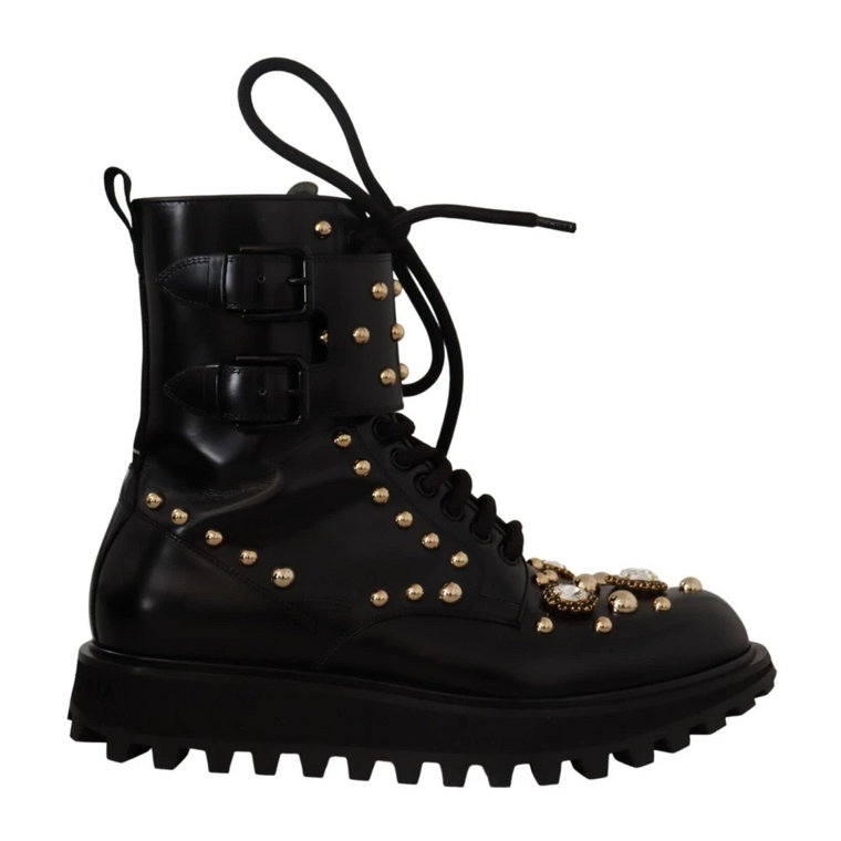 Black Leather Crystal Embellished Boots Shoes Dolce & Gabbana
