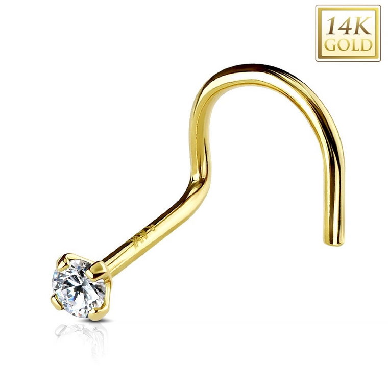 Zagięty piercing do nosa z żółtego 14K złota, okrągła bezbarwna cyrkonia, 3 mm