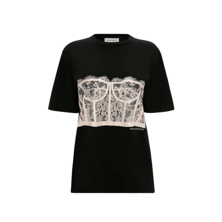 Czarna Koronkowa Koszulka z Wzorem Gorsetu Alexander McQueen