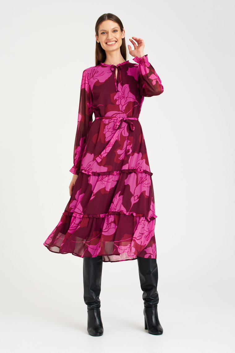 Stylowa sukienka z falbanami, nadruk w różowe kwiaty