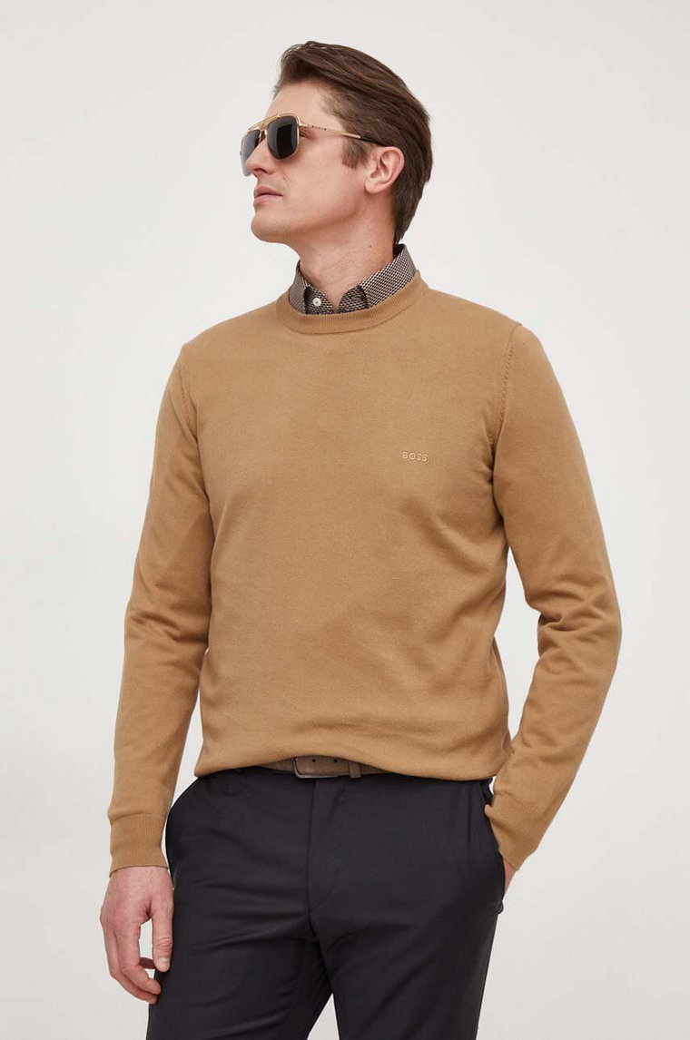 BOSS sweter bawełniany kolor beżowy lekki