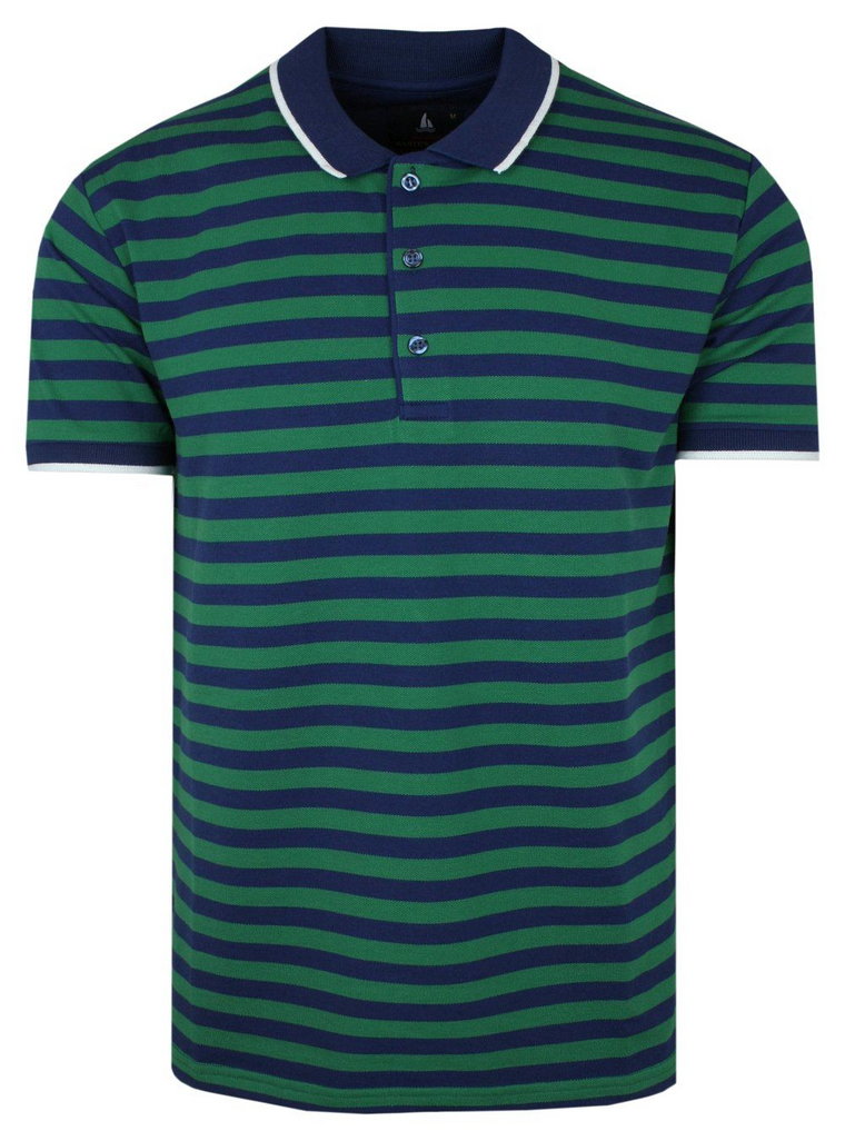Koszulka POLO, Granatowo-Zielona w Paski Casualowa, Krótki Rękaw, T-shirt -BARTEX