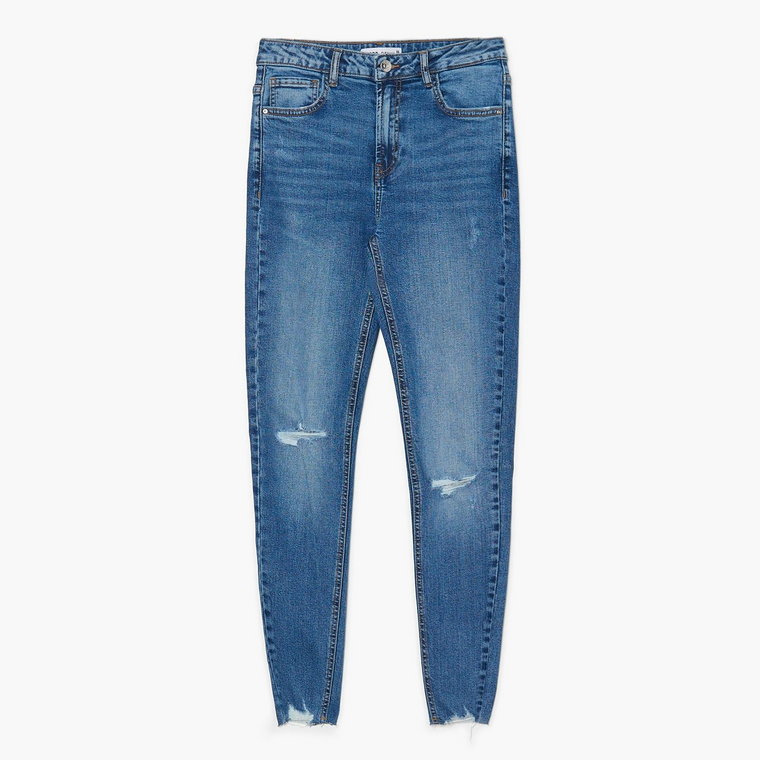 Cropp - Niebieskie jeansy skinny z dziurami - niebieski