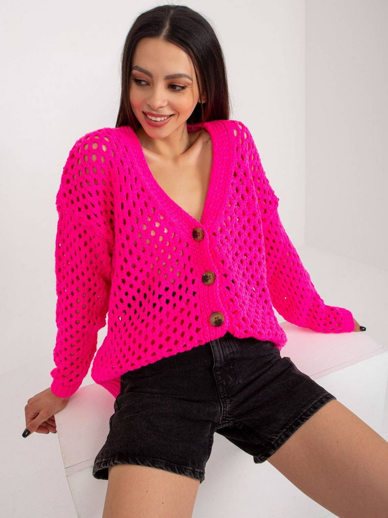 Sweter rozpinany fluo różowy casual ażurowy dekolt w kształcie V rękaw długi guziki