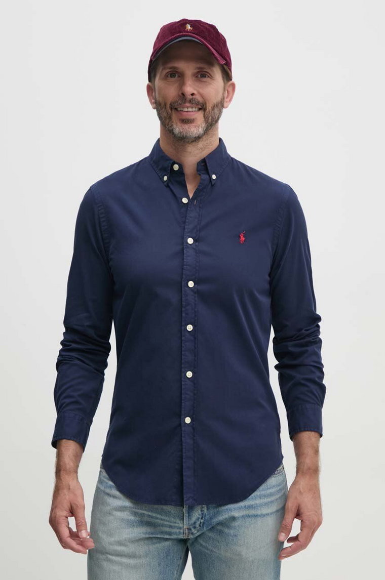 Polo Ralph Lauren koszula bawełniana męska kolor granatowy slim z kołnierzykiem button-down