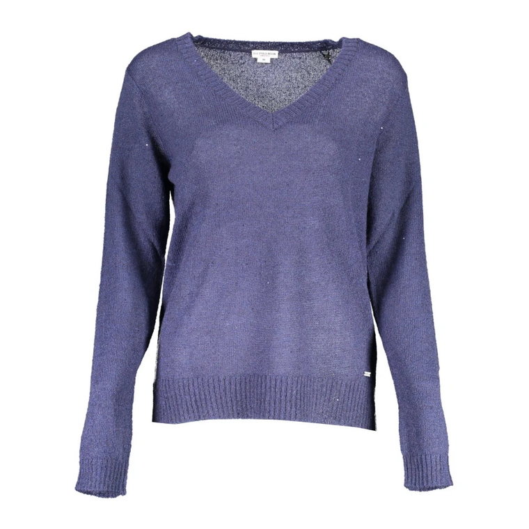 Niebieski Sweter z Nylonu z Dekoltem w Literę V U.s. Polo Assn.