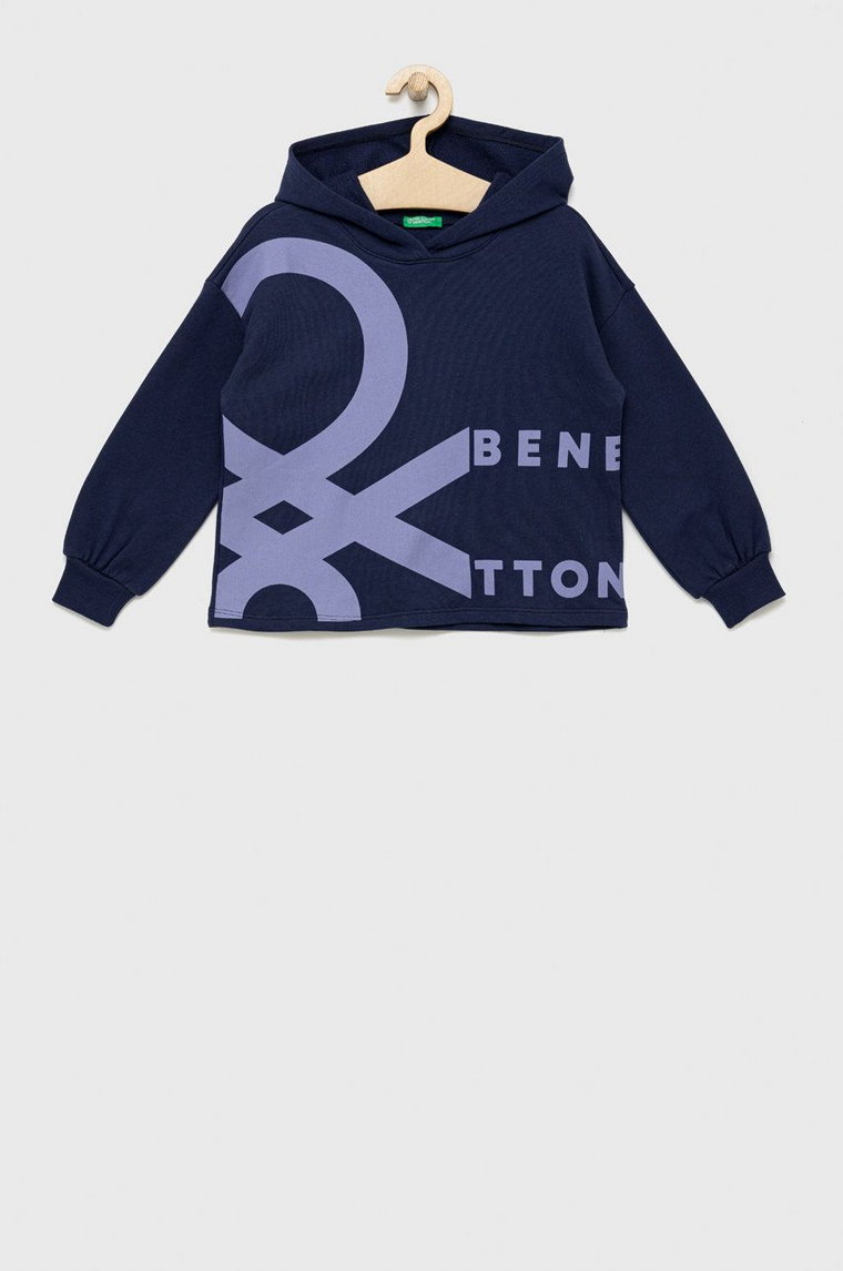 United Colors of Benetton bluza bawełniana dziecięca kolor granatowy z kapturem wzorzysta