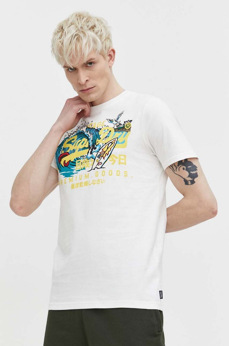 Superdry t-shirt bawełniany męski kolor biały z nadrukiem