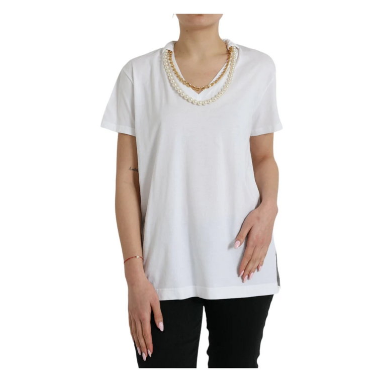 Biała Bawełniana Koszulka z Detalem Naszyjnika Dolce & Gabbana