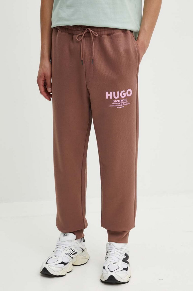 Hugo Blue spodnie dresowe bawełniane kolor brązowy z nadrukiem 50510734