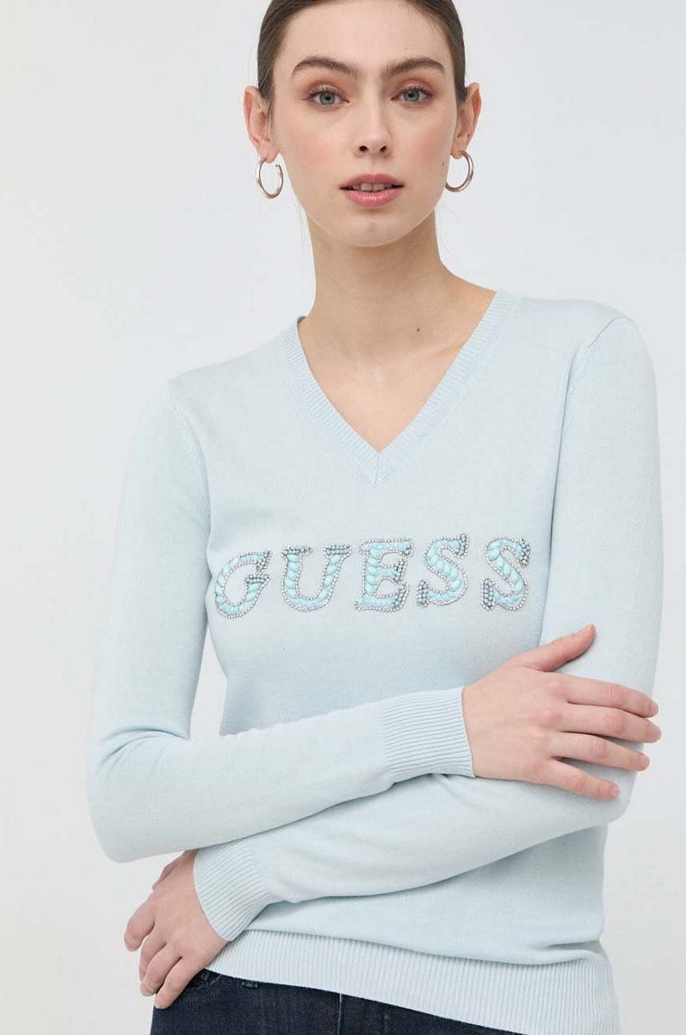 Guess sweter damski kolor niebieski lekki