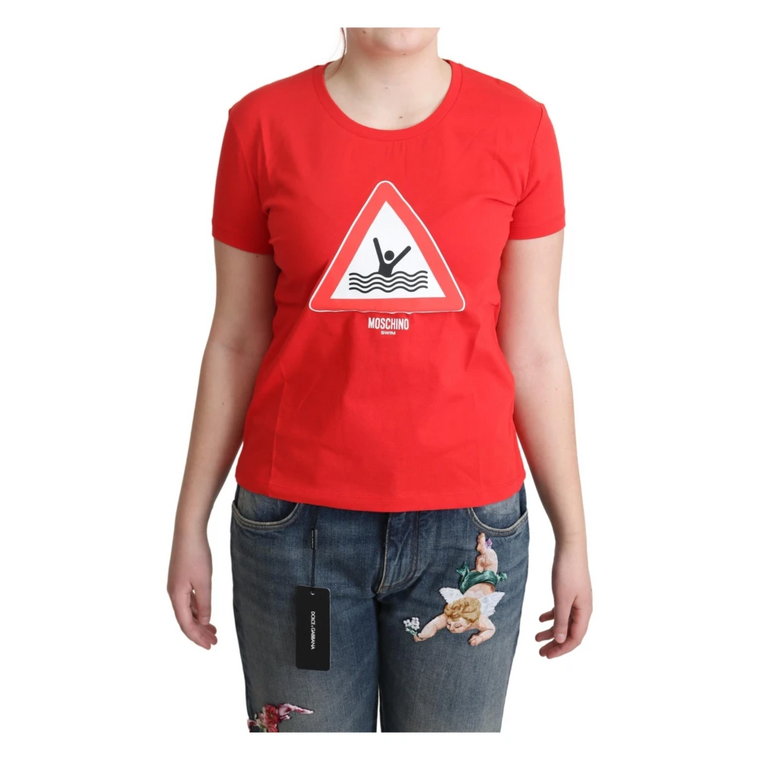 Czerwona Bawełniana Koszulka z Grafiką Pływacką Moschino