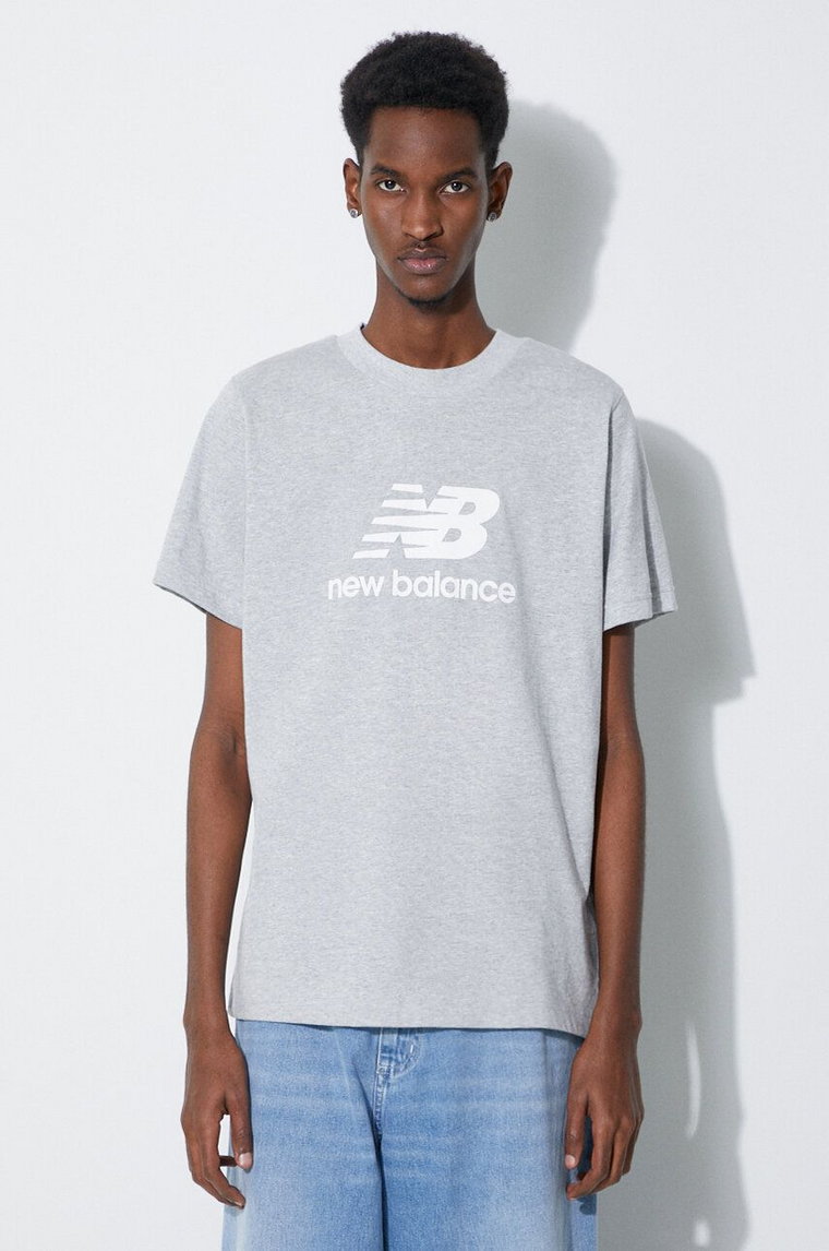 New Balance t-shirt bawełniany Essentials Cotton MT41502AG męski kolor szary z nadrukiem MT41502AG