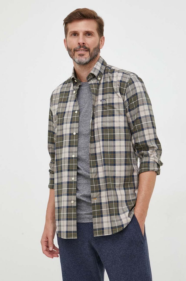 Barbour koszula bawełniana męska kolor zielony slim z kołnierzykiem button-down