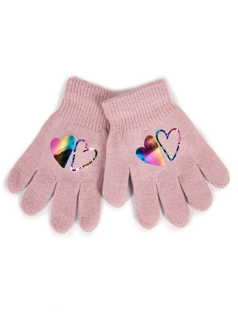 Rękawiczki Dziewczęce Pięciopalczaste Różowe Z Hologramem Sercami 18 Cm