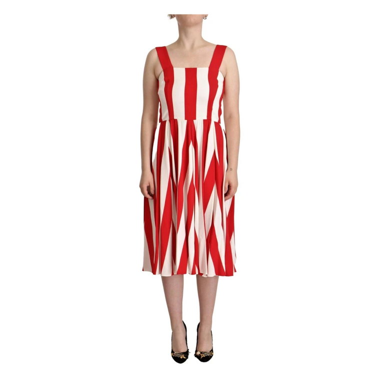 Biała i Czerwona Sukienka w Paski Midi A-Line Dolce & Gabbana