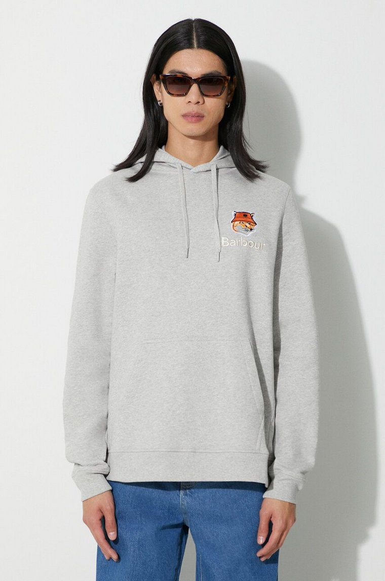 Barbour bluza bawełniana X Maison Kitsune Fox Head Hoodie męska kolor szary z kapturem z aplikacją MOL0569