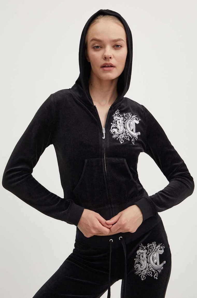 Juicy Couture bluza welurowa RENAISSANCE ROBYN HOODIE kolor czarny z kapturem z aplikacją JCGAS224001