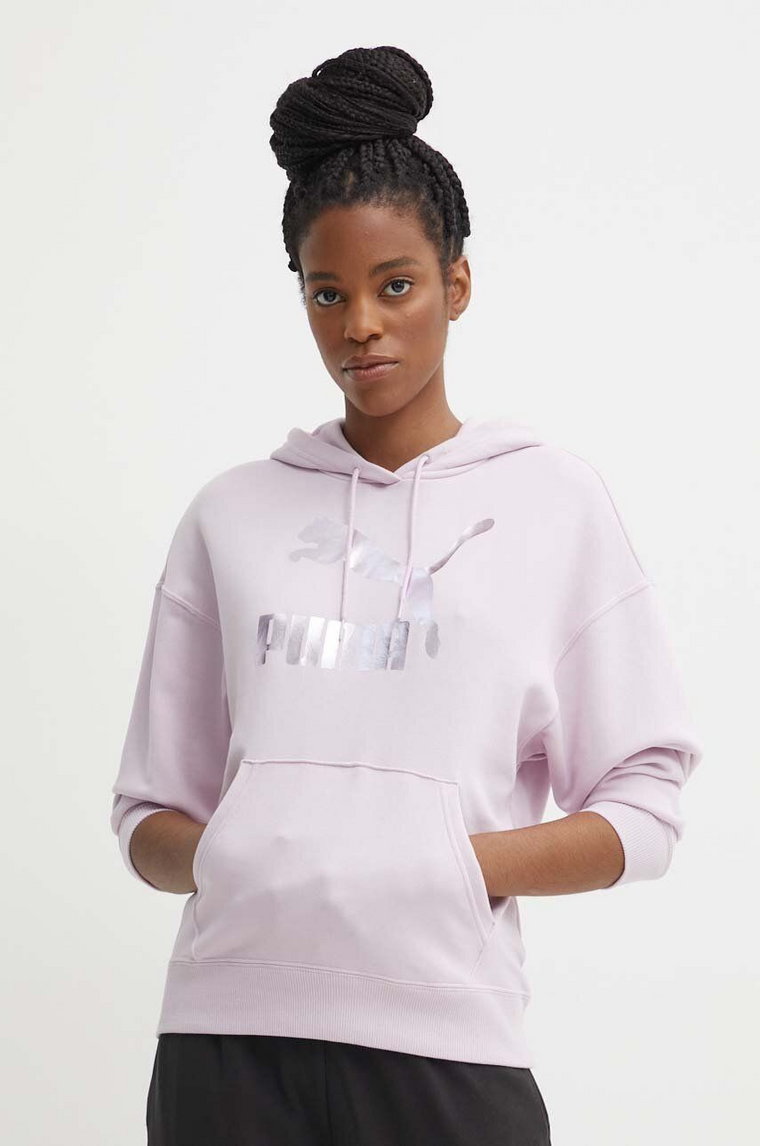 Puma bluza CLASSICS Shiny Logo Hoodie damska kolor fioletowy z kapturem z nadrukiem 625595