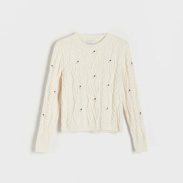 Reserved - Sweter z kwiatowym haftem - kremowy