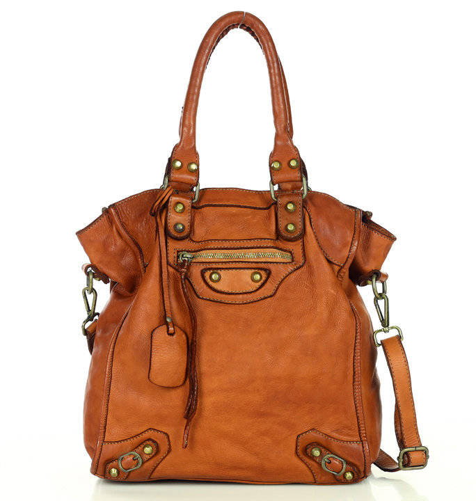 Icona - Skórzany shopper bag torebka do ręki Włoski brąz camel