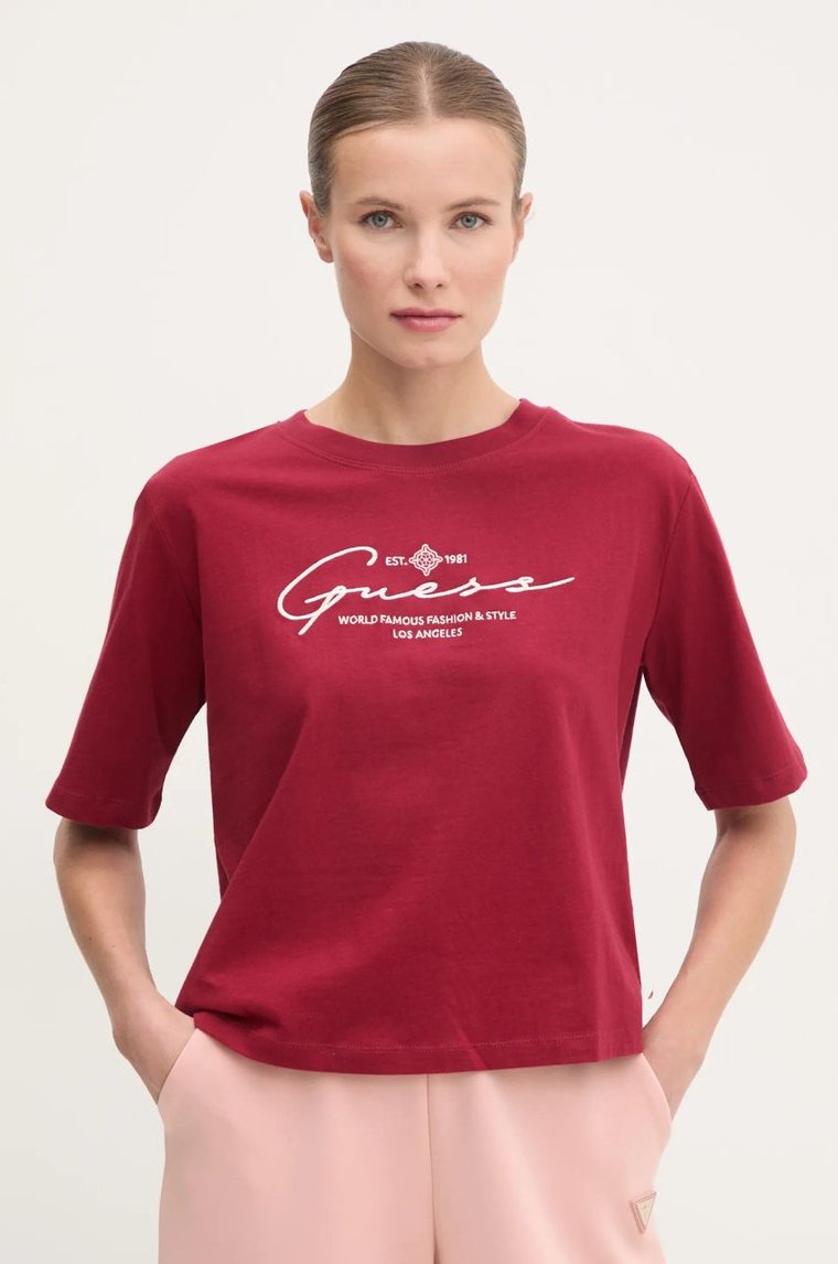 Guess t-shirt bawełniany damski kolor bordowy V5RI12 I3Z14