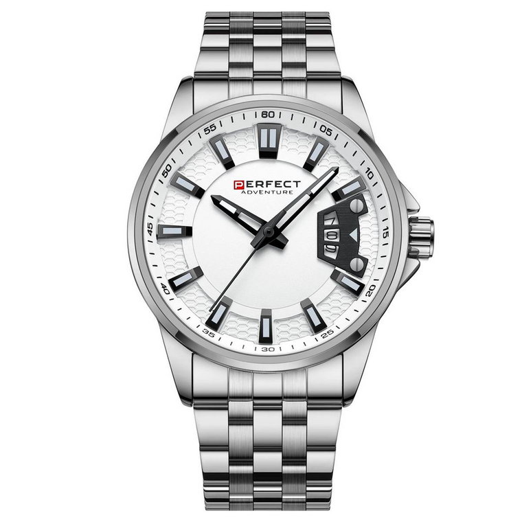Srebrny zegarek męski bransoleta duży solidny Perfect M144 szary, srebrny